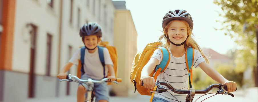 Children with backpacks riding by bicycle from school together. Education concept. - Powered by Adobe