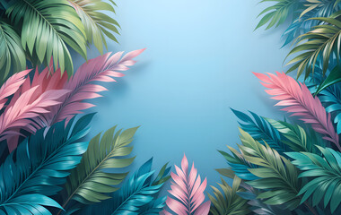 Tropical leaves, pastel pink and blue exotic nature background, summer holidays vibes
