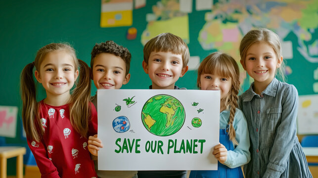 smiling happy children with poster "SAVE OUR PLANET" , standing in school class, Earth day.