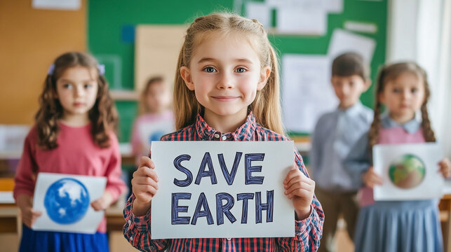 smiling happy children with poster "SAVE OUR PLANET" , standing in school class, Earth day.