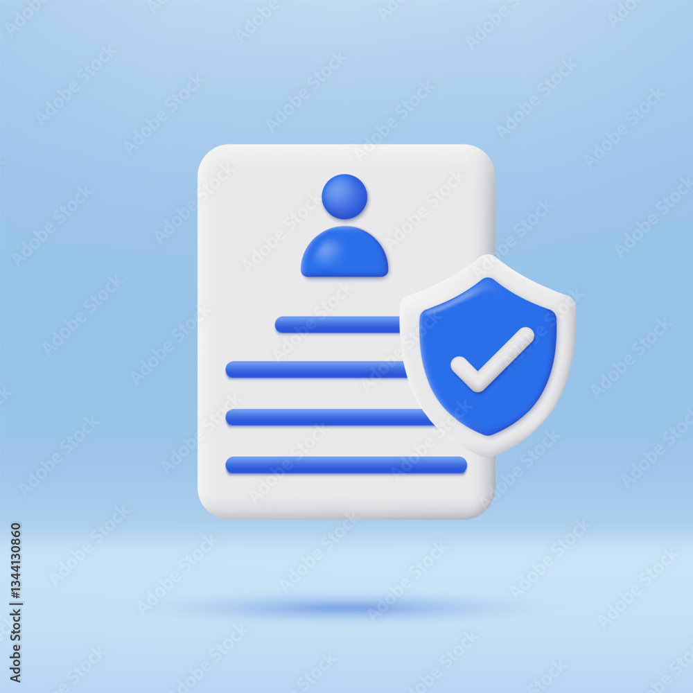 Poster 3d document with shield icon. concept of data protection, health insurance, and finance secure. 3d m