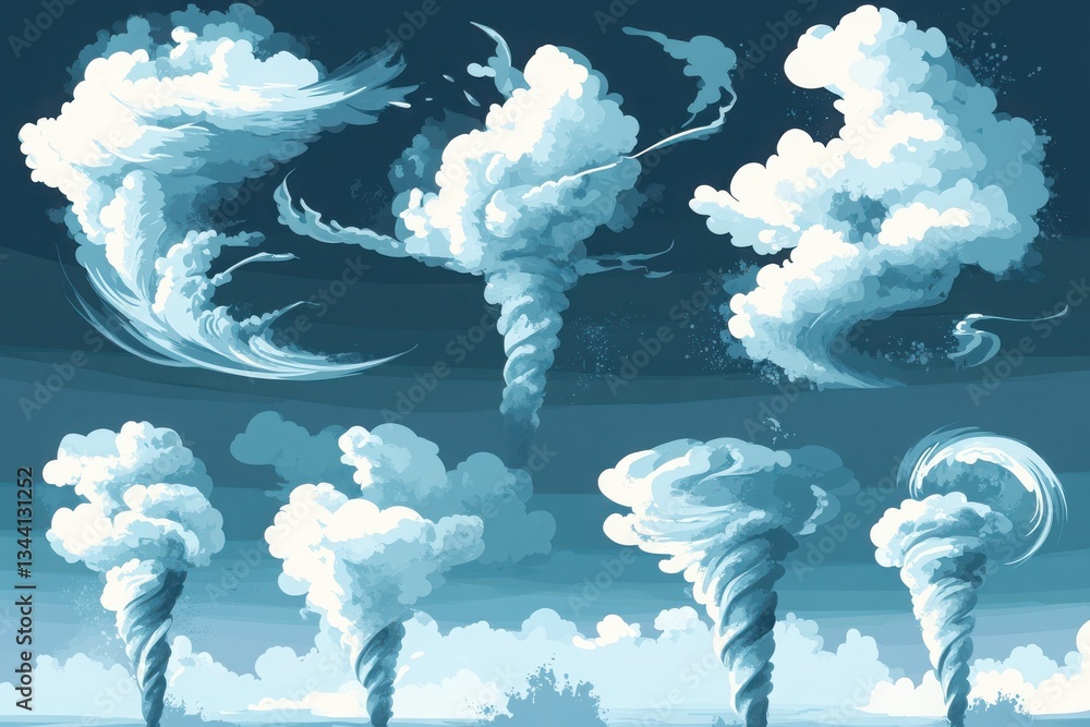 Poster a collection of whimsical and dynamic cloud formations and twisters