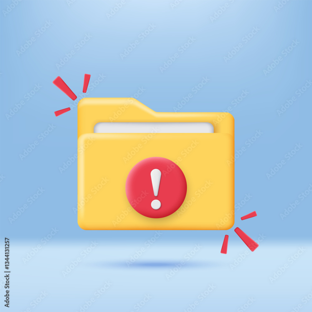 Poster 3D File with exclamation mark icon. Data error, Caution notice document. Problem statement Icon. 3D vector icon render illustration.