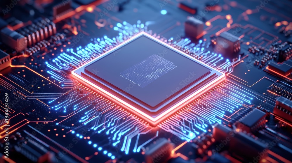 Poster close-up view of a microchip featu a stylized digital human figure illuminated on its surface amidst