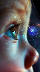Close-up of a happy baby's eyes reflecting a brilliant galaxy dream
