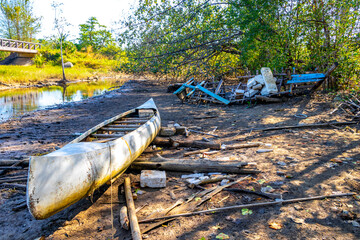 Broken remains of boat damage after tsunami Khao Lak Thailand.