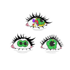 A set of three psychedelic stickers with green eyes, an eye with a liquid vibrating pupil, an eye with a split pupil, an eye with mushrooms inside