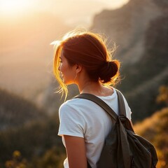 une jeune fille qui regarde la montagne en randonnée