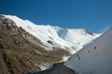 View landscape with Himalayas mountains range between Khardung La road pass go to Nubra Valley in...