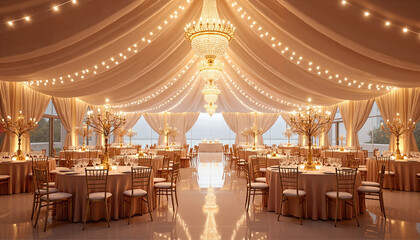 Elegantly set banquet hall with chandeliers and soft lighting, wedding tent with chandeliers