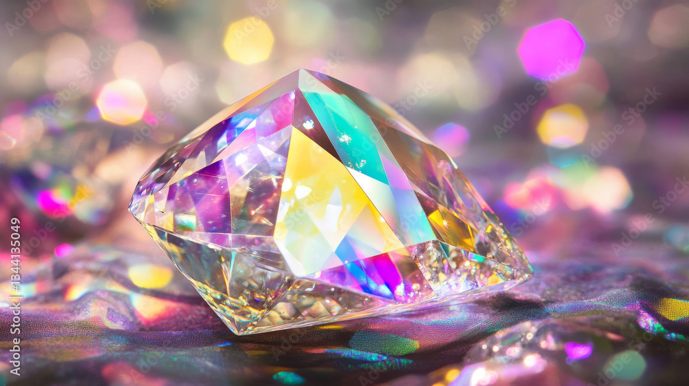 Poster crystal rainbow light flare overlay vector effect. diamond prism sparkle with optical iridescent ref