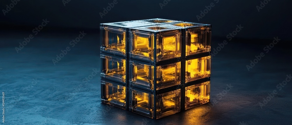 Poster illuminated glass cube: a 3d render of a luminous structure