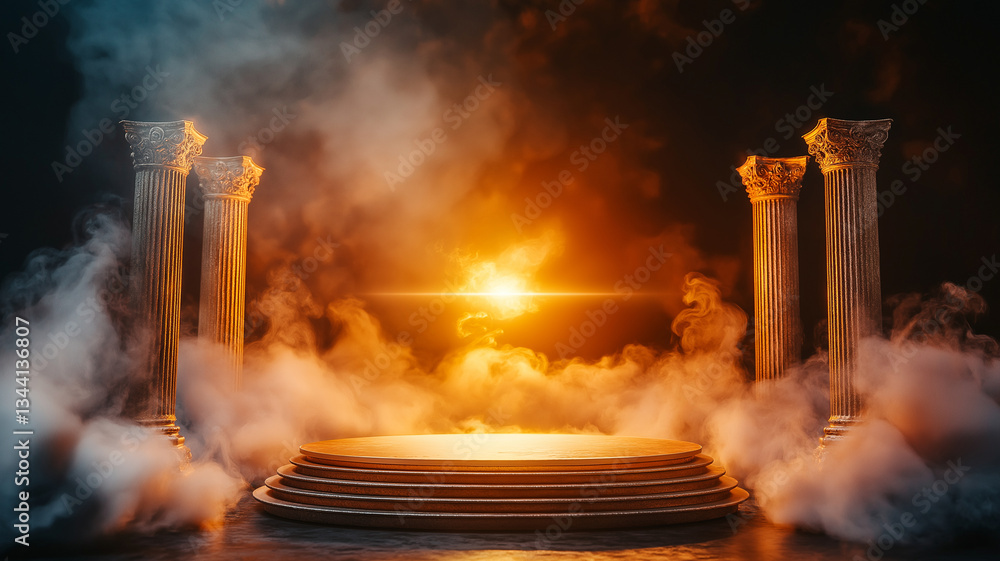 Poster mystical scene featuring round podium illuminated by golden light at its center, surrounded by ancie