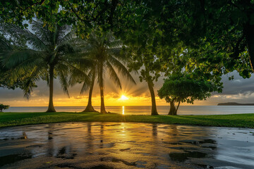 雨上がりのビーチ、ヤシの木と夕陽のコントラスト