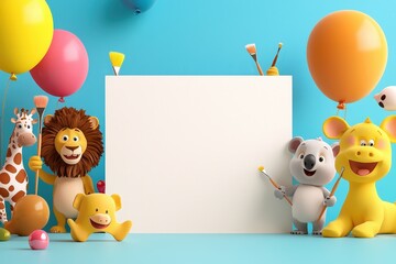 Fototapeta premium A cheerful and playful kids’ design with adorable animal characters holding paintbrushes and a white board for custom messages.