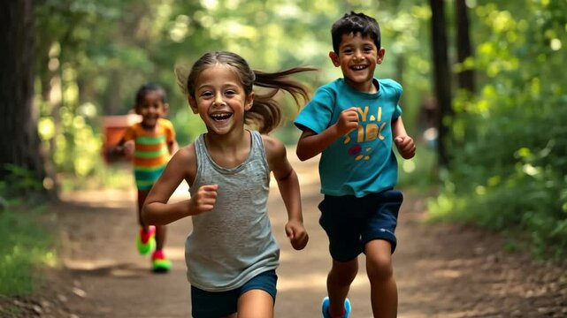 Children race joyful down path, childhood, play. Kids run free. Friendship, competition. Fitness, outdoor. Boy and girl have fun at summer camp, nature park. Concept of rivalry, contest.