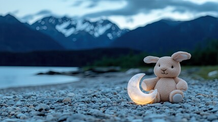 A delightful marble rabbit lantern glows softly, cradling a crescent moon against a serene, elegantly lit background
