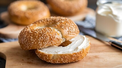 Bagel with Cream Cheese on Wooden Board