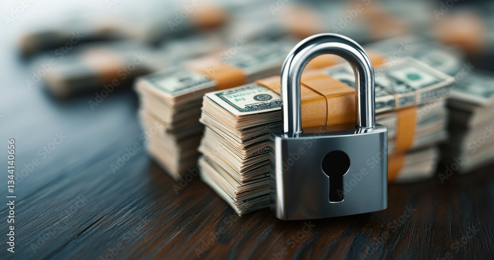 Poster a sturdy silver padlock secures stacks of cash on a wooden surface, highlighting the importance of p