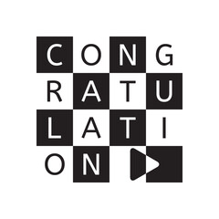 CONGRATULATION letter with black and white square and play button logo design vector