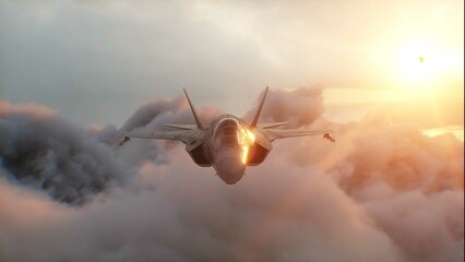Military fighter jet F-35 flying over clouds. Air force. 3d rendering.