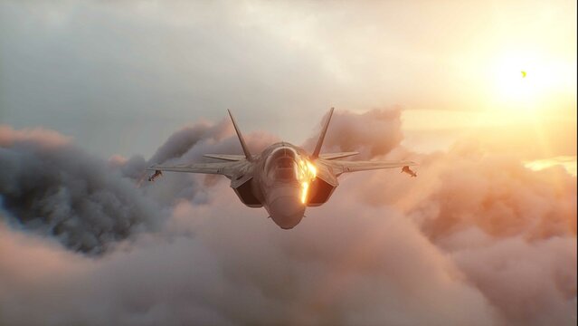 Military fighter jet F-35 flying over clouds. Air force. 3d rendering.