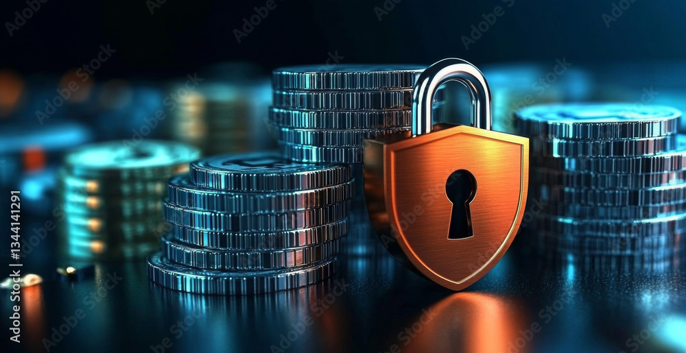 Poster a metal padlock rests on a stack of shiny coins, symbolizing banking security and privacy. the contr