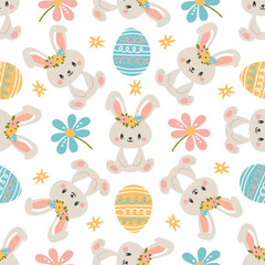 Cute Easter pattern with bunny, paintedvEaster eggs and flowers on white background. Happy Easter theme. Hand drawn vector seamless pattern in pastel colors.