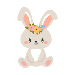 Easter bunny. Cute Easter bunny with flower wreath vector illustration in pastel colors. Hand drawn flat style. Clip art Easter theme prints, stickers, greeting cards. Isolated on white background.
