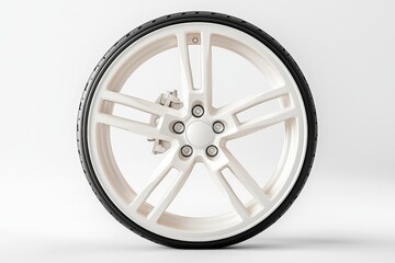 Obraz premium A highly detailed and realistic illustration of a modern car wheel with a white tire and black tread, isolated on a white background.