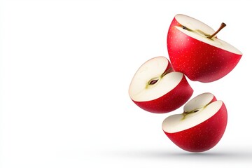 A beautifully sliced red apple floating in mid-air, isolated on a clean white background with a realistic and fresh appearance.