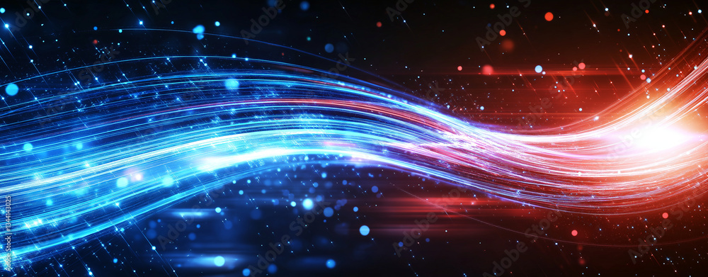 Poster vibrant abstract background featuring glowing blue and red light waves, creating dynamic and energet