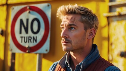 A thoughtful young man gazes upwards near a vibrant yellow wall with a no turn traffic sign, conveying a moment of contemplation
