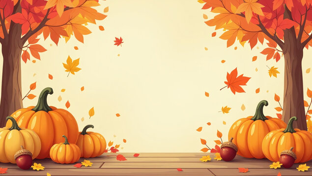 autumn leaves pumpkins acorns create colorful fall scene greeting cards banners posters cartoons flat cartoon