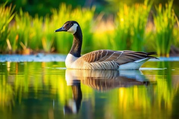 Majestic Canada Goose Serenely Floating on a Tranquil Blue Pond in Canada's Wilderness