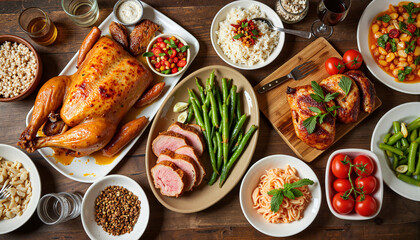 Festive Christmas dinner setup with delicious dishes, holiday celebration