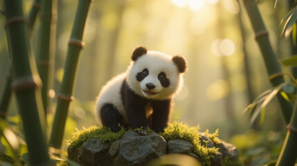 Fototapeta premium cute panda cub sitting on rock surrounded by bamboo in serene forest. sunlight filters through trees, creating magical atmosphere