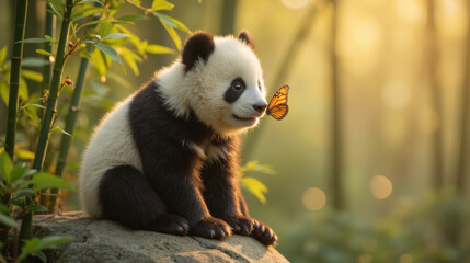 Fototapeta premium playful panda cub sits on rock, curiously observing butterfly in serene bamboo forest