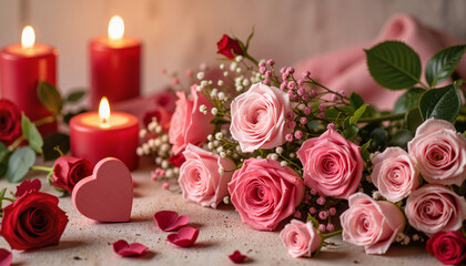 Valentine's Day rose arrangement with candles and heart decor, romance