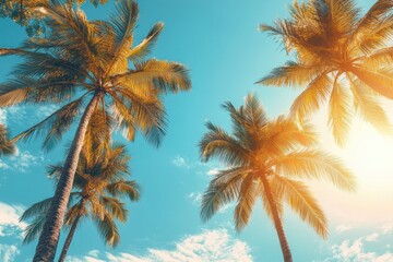 Tropical Palm Trees in Sunny Sky with Light Orange Lens Flare and Soft Golden Hour Lighting