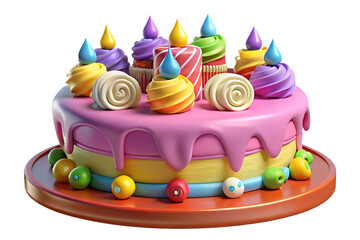 Colorful 3D-Rendered Birthday Cake with Spiral Candles and Meringue Decorations


