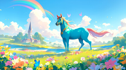 Magical unicorn adventure in a colorful meadow with rainbow and butterflies