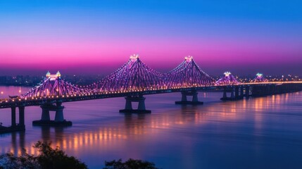Fototapeta premium Dramatic suspension bridge illuminated at twilight with pastel sky backdrop