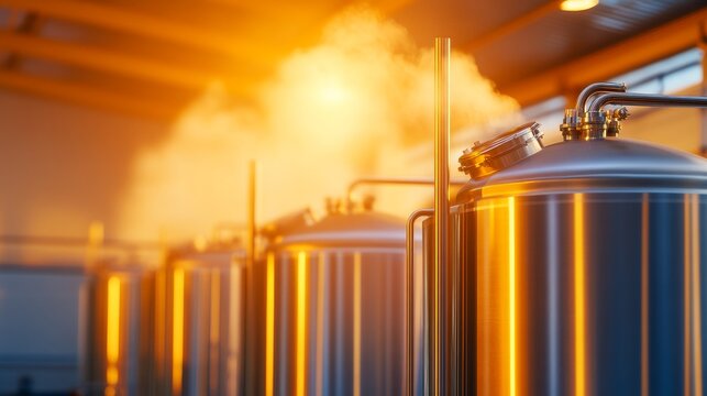 Industrial brewing equipment with steam rising in a warm-lit environment, showcasing production