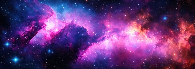 Naklejka premium Vivid Nebulae in Pink and Purple with Shimmering Stars in Deep Space