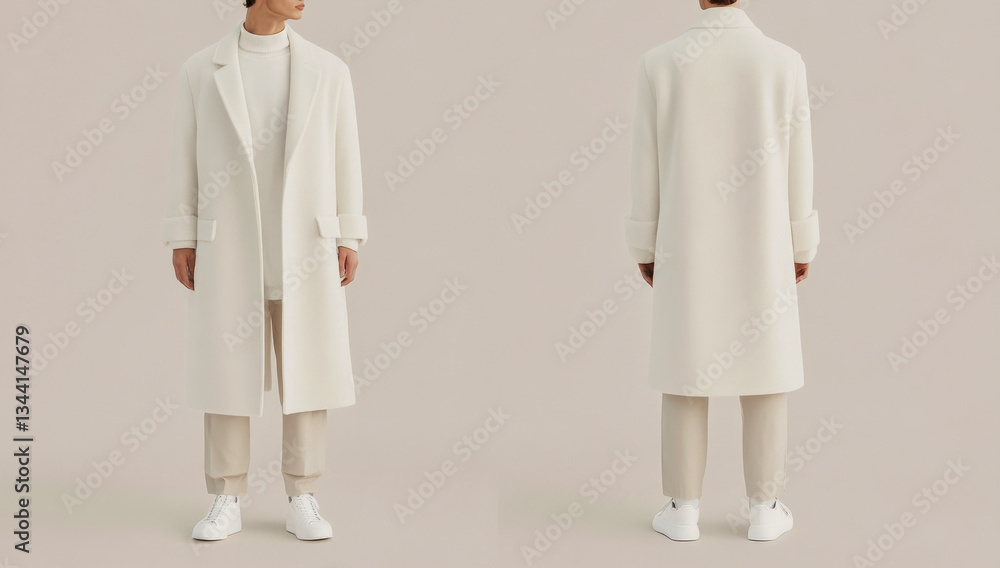 Poster elegant white wool coat showcased on a model in minimalistic studio setting