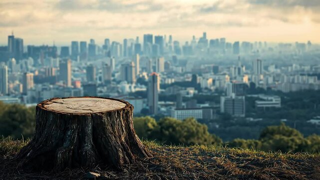 A tree stump alone with a cityscape in the background, Deforestation for urban expansion, Deforestation concept	 - Powered by Adobe