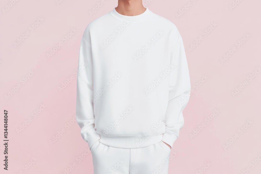 Aufkleber mockup of a plain white sweater displayed against a soft pink background in a studio setting