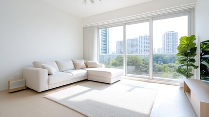 Fototapeta premium Bright, modern living room with a view. Spacious, light-filled space with a comfortable sectional sofa, large windows showcasing a cityscape, and a touch of greenery