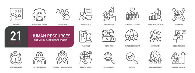 Set of line icons related to human resources, recruitment, management, business. Outline icons collection. Editable stroke. Vector illustration